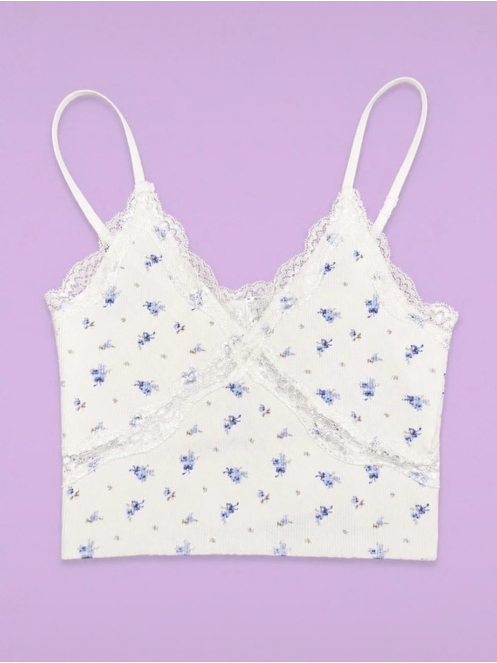 Forever 21 White Floral Lace-Trim Cami with Blue Print